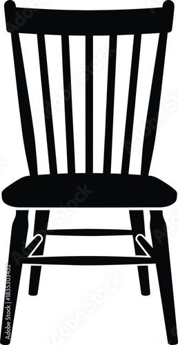 Simple black silhouette of a wooden dining chair with a slatted back and four legs on a white background