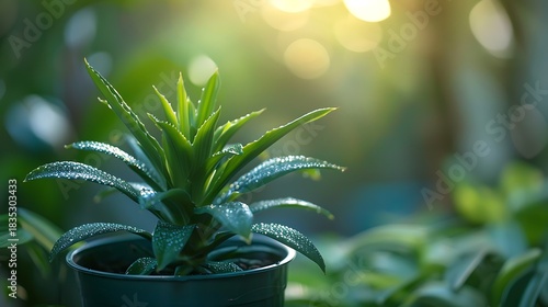 Green succulent plant in pot with soft sunlight and bokeh background