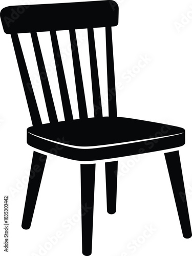 Simple black silhouette of a wooden chair with a slatted back and four legs on a white background