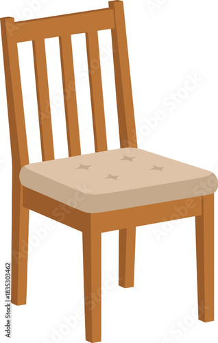 Simple wooden dining chair with a cushioned seat and slatted back isolated on white background