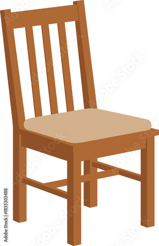 A simple wooden chair with a padded seat and a slatted backrest isolated on white