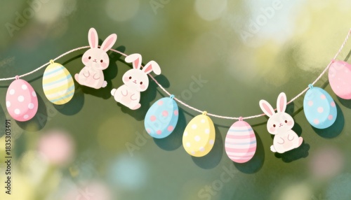 Colorful Easter eggs with bunnies, festive and playful spring scene, perfect for Easter, holiday, seasonal, family, and lifestyle photography, illustration, or decorative projects.
