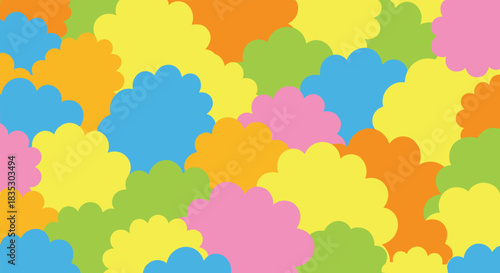 A bright and cheerful abstract background filled with overlapping scalloped cloud-like shapes in a rainbow of vibrant colors.