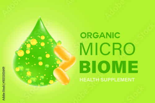 Elegant 3D organic microbiome supplement background, glowing microbiota liquid green droplet with glowing golden capsules. Healthy stomach, intestines, digestive system nutrition supplements.