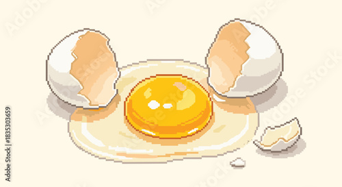 A realistic pixel art illustration of a cracked egg with a bright yellow yolk and clear egg white on a light surface.