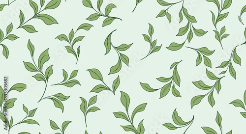 An elegant seamless pattern of delicate green leafy branches and sprigs scattered across a very light green-tinted background.