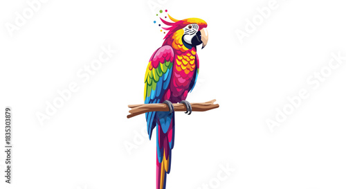 A stunningly vibrant illustration of a colorful macaw parrot with rainbow-colored feathers perched on a wooden branch on white.