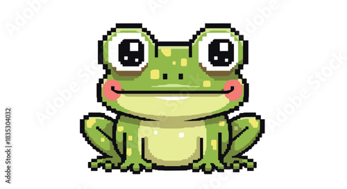 An adorable pixel art illustration of a cute green frog with big shiny eyes and pink cheeks sitting happily on a white background.