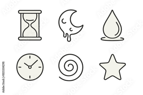 Dream Time Icons. Line style icons of Dream Time: glowing hourglass, melting moon, slow drop, blurred clock, soft spiral, fading star. No text, No labels, isolated transparent background, Line style