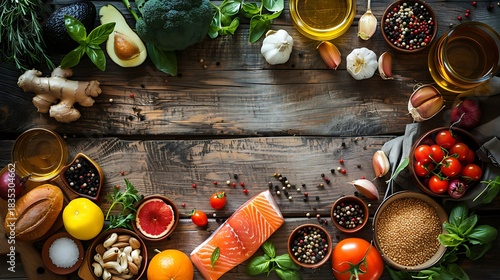 Abundant fresh food ingredients arranged on rustic wooden table