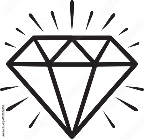 A minimalist black and white line drawing of a faceted diamond with radiating light lines, symbolizing brilliance and value.