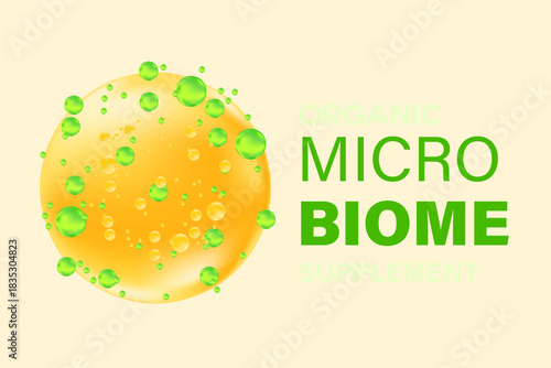 Scientific 3D organic microbiome background with copy space. Elegant glowing microbiota liquid yellow molecule or cell. Healthy stomach, intestines, digestive system nutrition supplements.