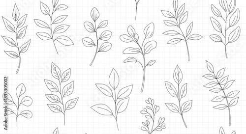 A minimalist seamless pattern of hand-drawn leafy branches in a dashed line style on a white background with a subtle grid.