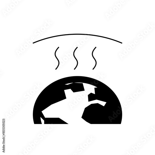 Illustration of a globe with heat waves rising towards a curved line above, depicted in black and white