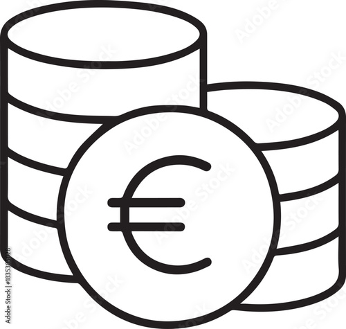A simple line art icon depicting stacked euro coins and a single euro coin with the euro symbol in the foreground.