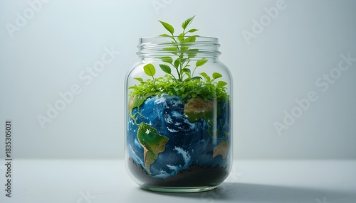 A Glass Jar Holding the Planet Earth with Vibrant Green Growth Emerging