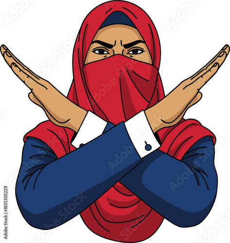 Resistance gesture illustration—vector of person in red headscarf making protest X sign with serious face