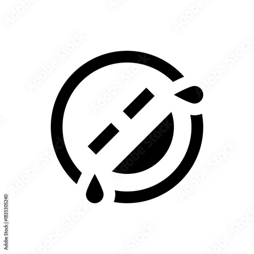 A graphic representation of a circle with a slash and two water drops, rendered in black and white