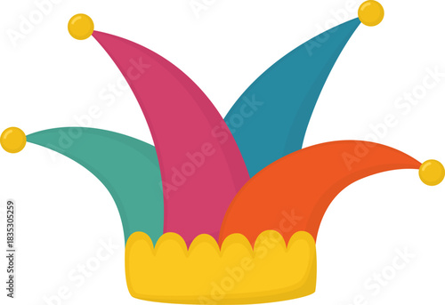 Colorful carnival jester hat with decorative details. Illustration with bright masquerade costume element
