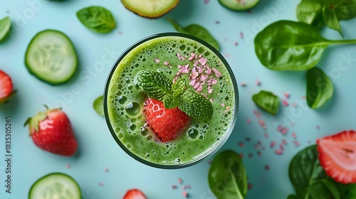 Refreshing green smoothie with strawberry and cucumber topping