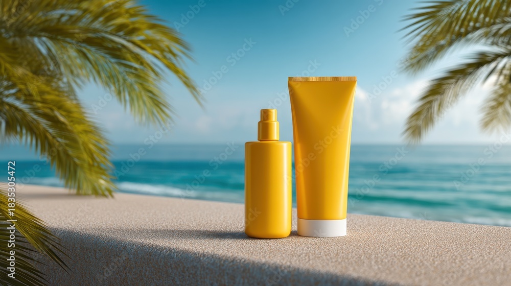 Obraz premium Yellow sunscreen bottles on tropical beach background