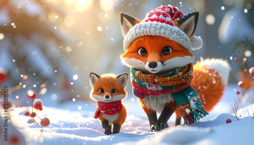 Two cute cartoon foxes, one adult and one cub, are standing in a snowy winter landscape, wearing festive hats and scarves.