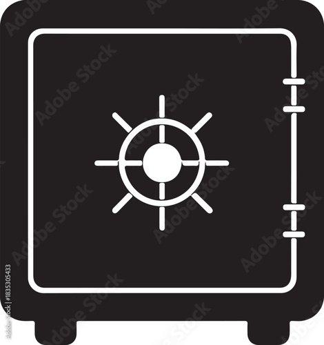 A minimalist, graphic representation of a closed safe or vault, featuring a circular dial and a sturdy door.