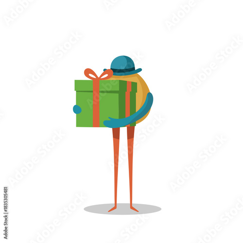 Quirky Abstract Character Wearing Hat Carrying Green Gift Box