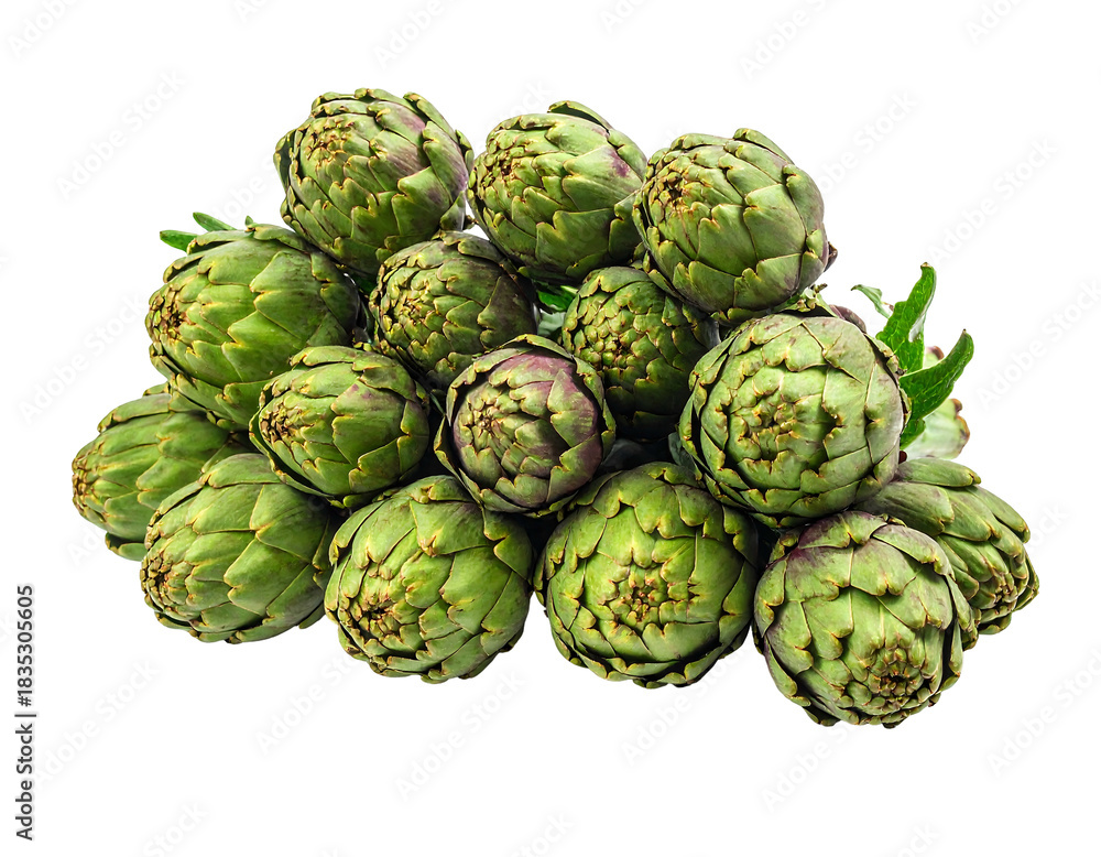 Fototapeta premium Pile of green artichokes, neatly stacked with a few green leaves amidst them, against a stark black background