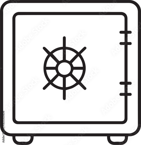 A minimalist black and white line drawing of a classic safe with a dial and hinges, representing security and storage.