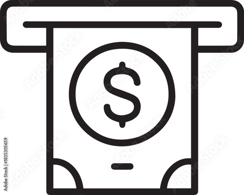 A minimalist line drawing depicts an ATM machine slot with a dollar bill and coin being dispensed. Clean and modern design.
