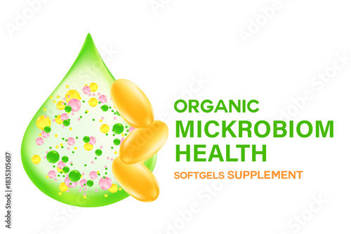 Scientific 3D organic microbiome supplement pill or capsule icon isolated. Elegant glowing microbiota liquid green Healthy stomach, intestines, digestive system nutrition supplements.