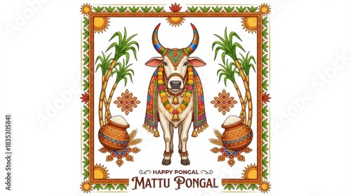 A radiant bull draped in festive finery dances on a canvas of white for mattu pongal