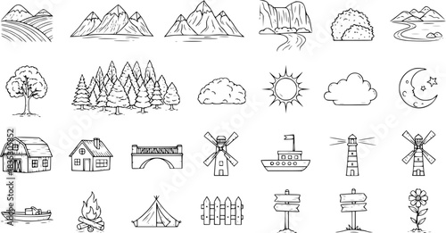 Hand-drawn Black and White Line Art Nature and Outdoor Icons Set. Doodle Collection of Landscape Elements, Weather Symbols, Rural Buildings, Travel Objects, and Camping 