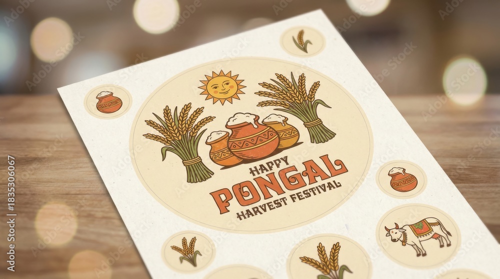 Naklejka premium retro round sticker sheet design featuring a harvest vibe with rice bundles and clay pots