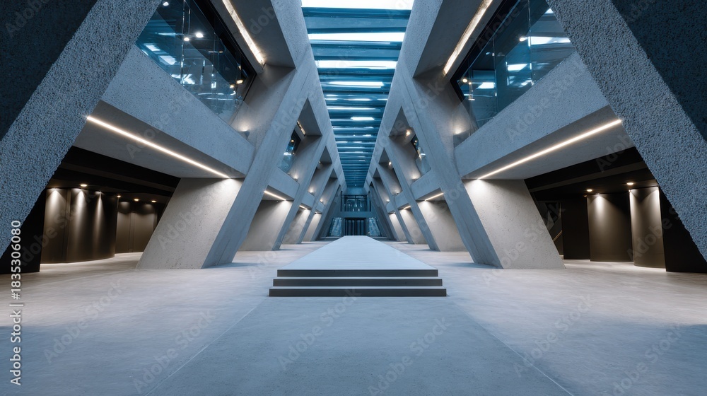 Obraz premium Futuristic architectural design modern building interior space urban environment wide angle view