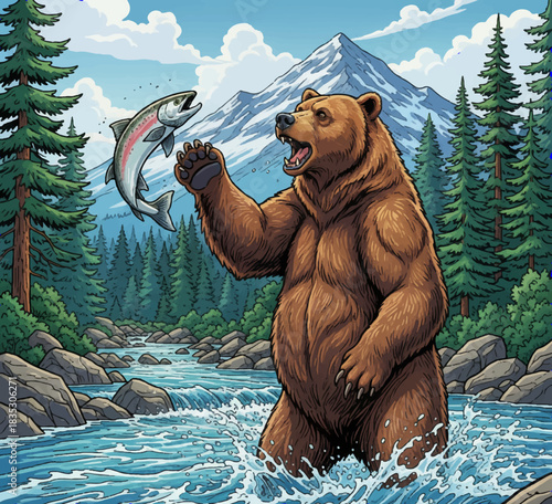 Brown Bear Catching Salmon in Mountain River