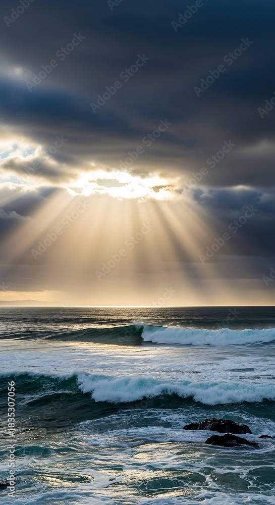 Obraz premium Dramatic Ocean Scene - Sun Rays Piercing Through Stormy Clouds.