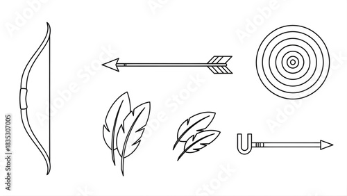 Set of Outline Icons Representing Archery and Fletching Bow, Arrow, Target, and Feathers