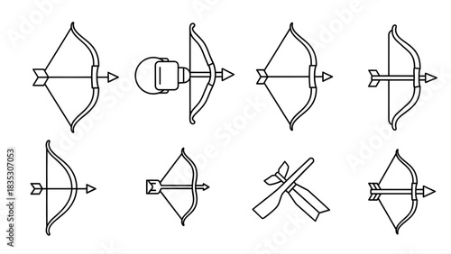 Vector illustration set of bow and arrow line icons, symbolizing concepts of archery, sport, hunting, and ancient weaponry