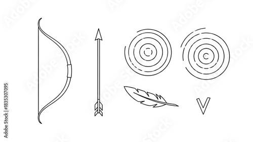 Set of simple line art icons representing archery, target practice, and a feather quill for writing