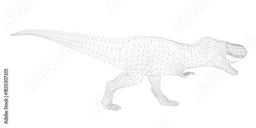 A 3D wireframe T-Rex model stands on a clean white background. Its skeletal structure is defined by interconnected geometric shapes and precise lines, creating a detailed and realistic.