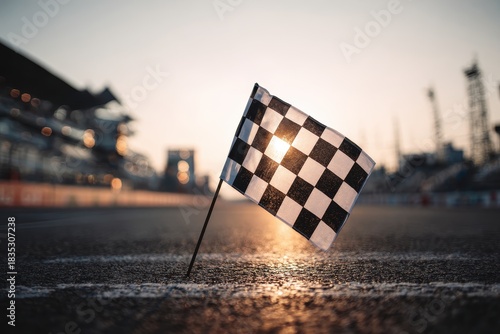 Checkered flag at sunset on race track