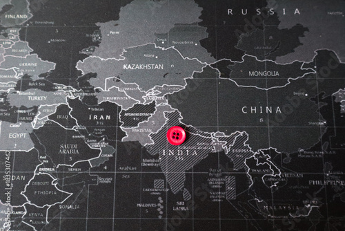 India Highlighted on World Map: An elegant and artistic depiction of a world map, with a focus on India, showcasing its prominence and significance on the global stage.