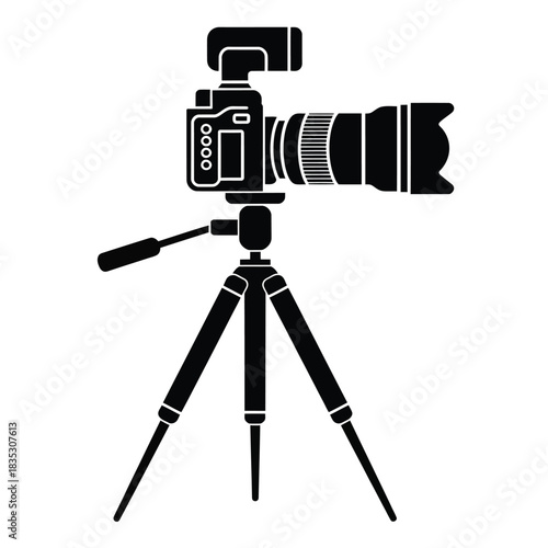 Professional camera on a tripod with flash attachment