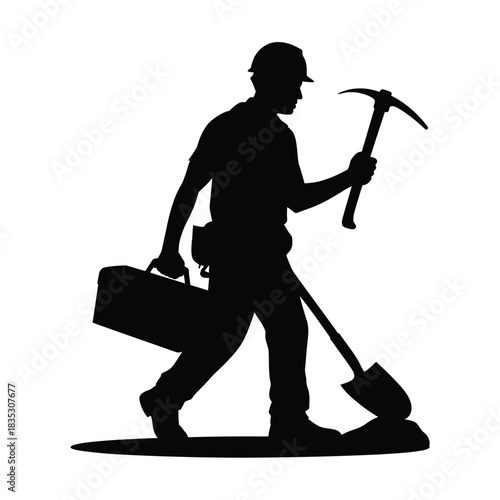 Silhouette of a miner carrying tools and equipment