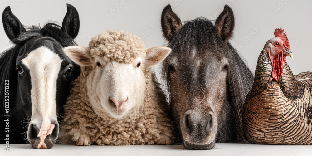 Obraz premium Four different farm animal: two horses, a sheep, and a chicken