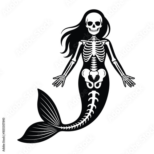 Spooky skeleton mermaid with flowing hair and fish tail