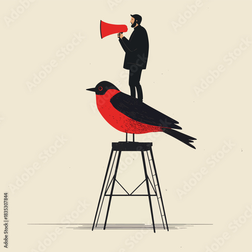 Man shouting through megaphone standing on top of bird with metal legs , vector style simple color