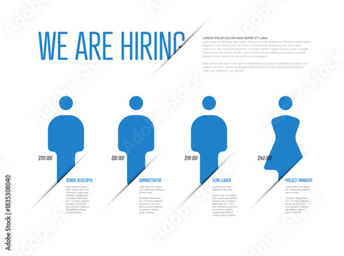 This "We are Hiring" infographic showcases job openings with salary information for various positions. The hiring graphic effectively communicates open positions and their respective salaries.
